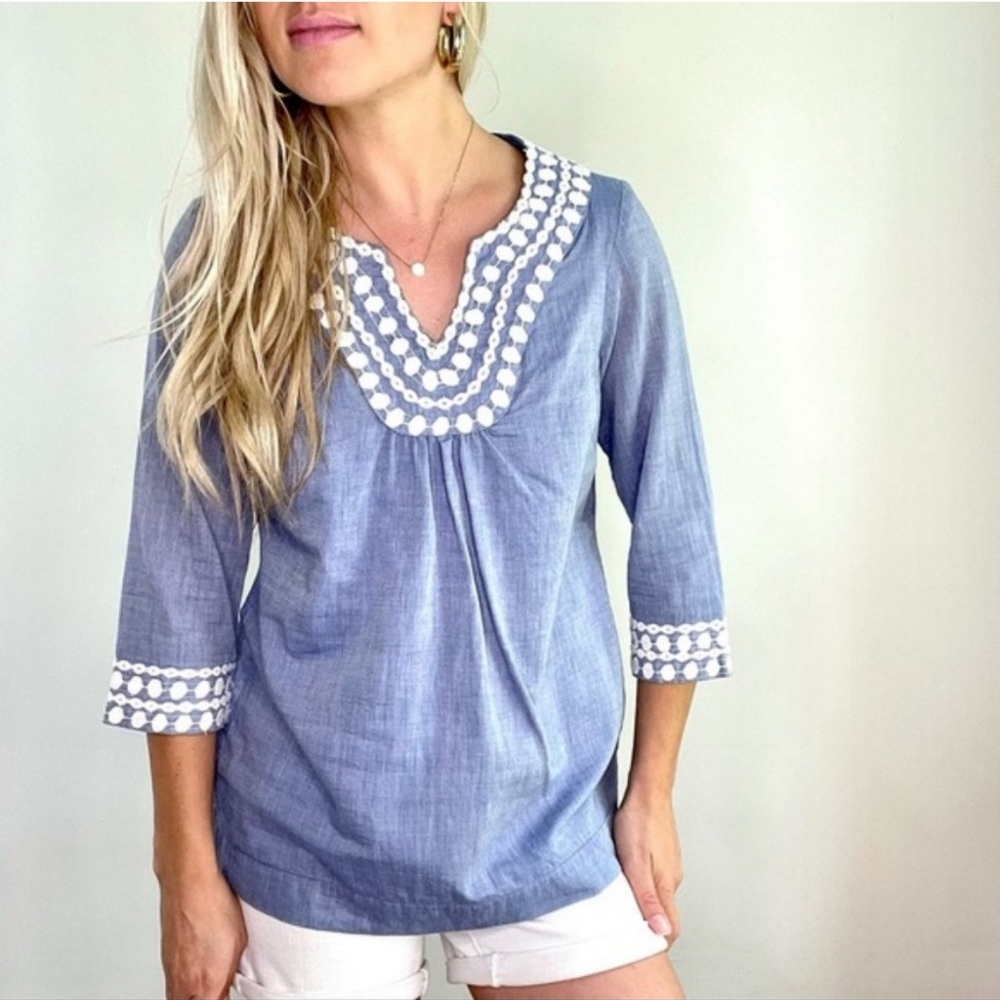 Boden 3/4 Sleeve Chambray V-neck Tunic with White Trim Top Size 4